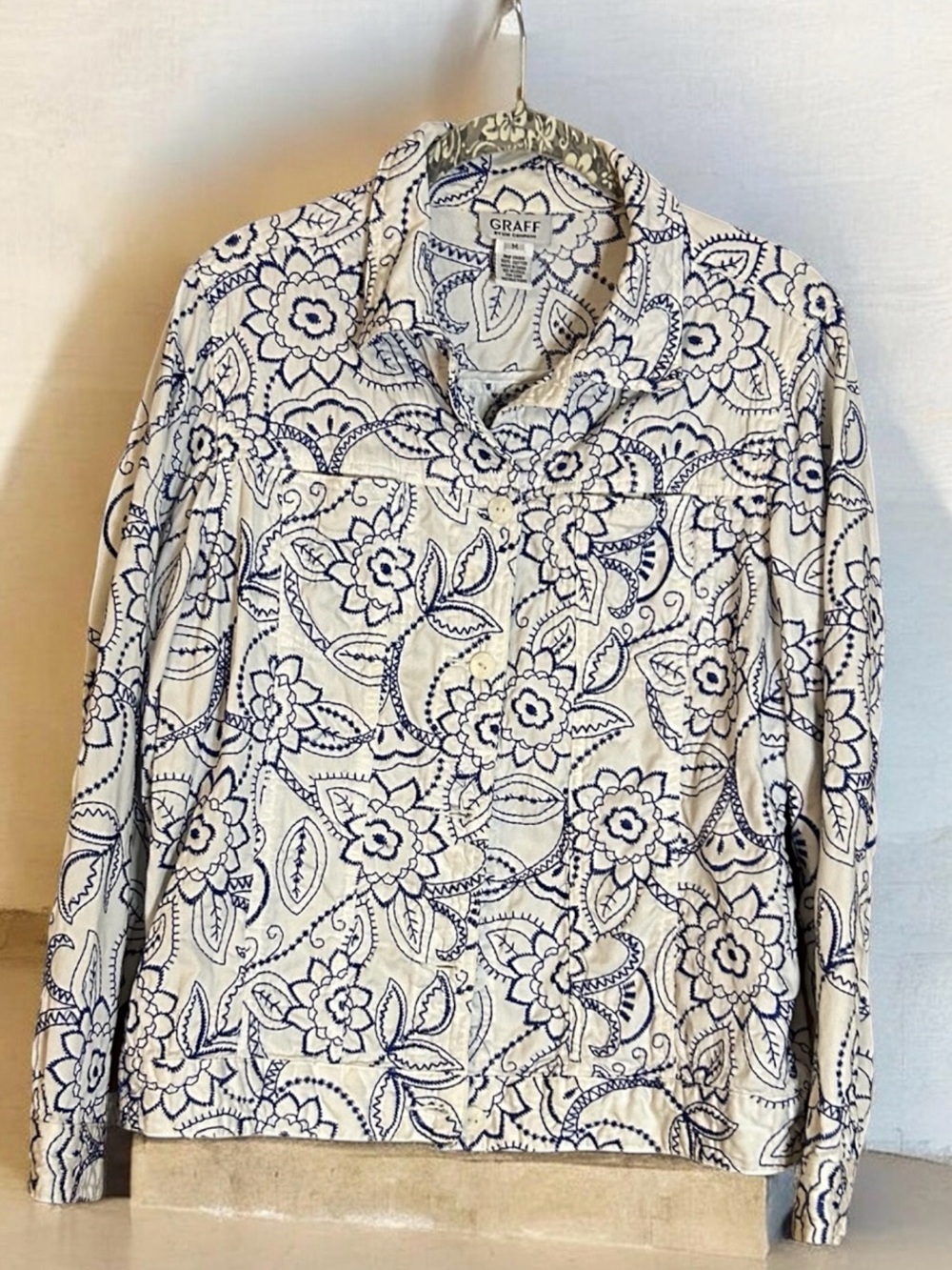 Graff Embroidered Jacket M White Blue Floral Cottagecore Coastal Grandma Boho